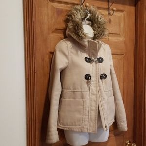 Beige Jacket size 6 womens Faux fur trim on hood